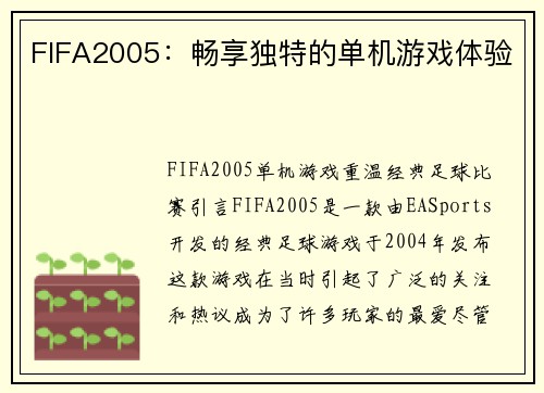FIFA2005：畅享独特的单机游戏体验